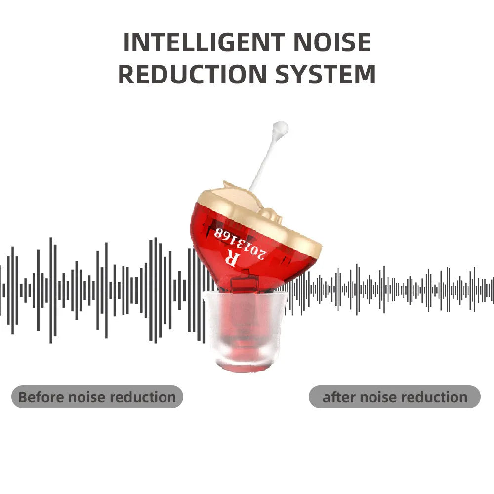 Q10 wireless mini invisible hearing aid in red and blue plastic casing