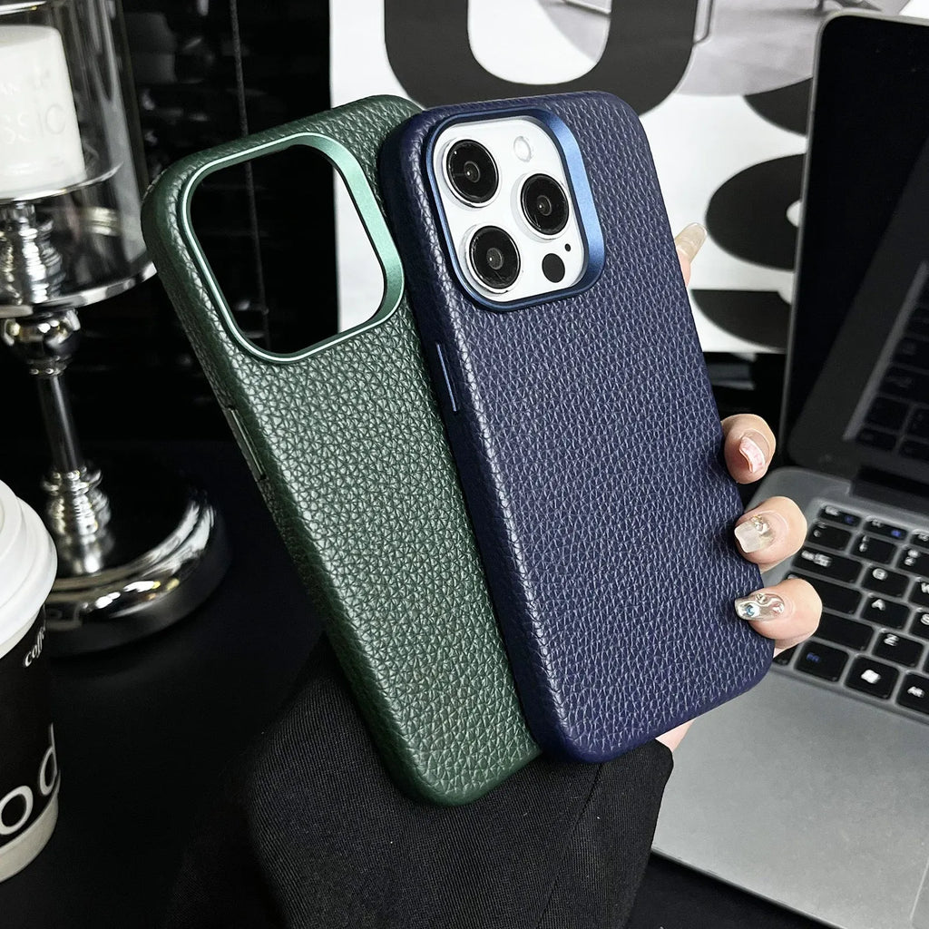Leather magnetic phone case with lychee pattern, drop-resistant, available for iPhone 12-15 Pro Max in dark green