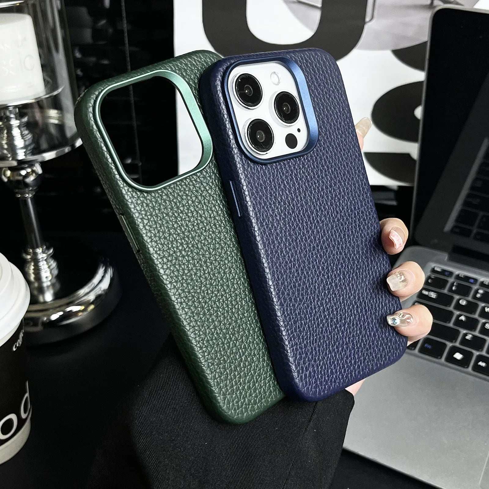 Leather magnetic phone case with lychee pattern, drop-resistant, available for iPhone 12-15 Pro Max in dark green