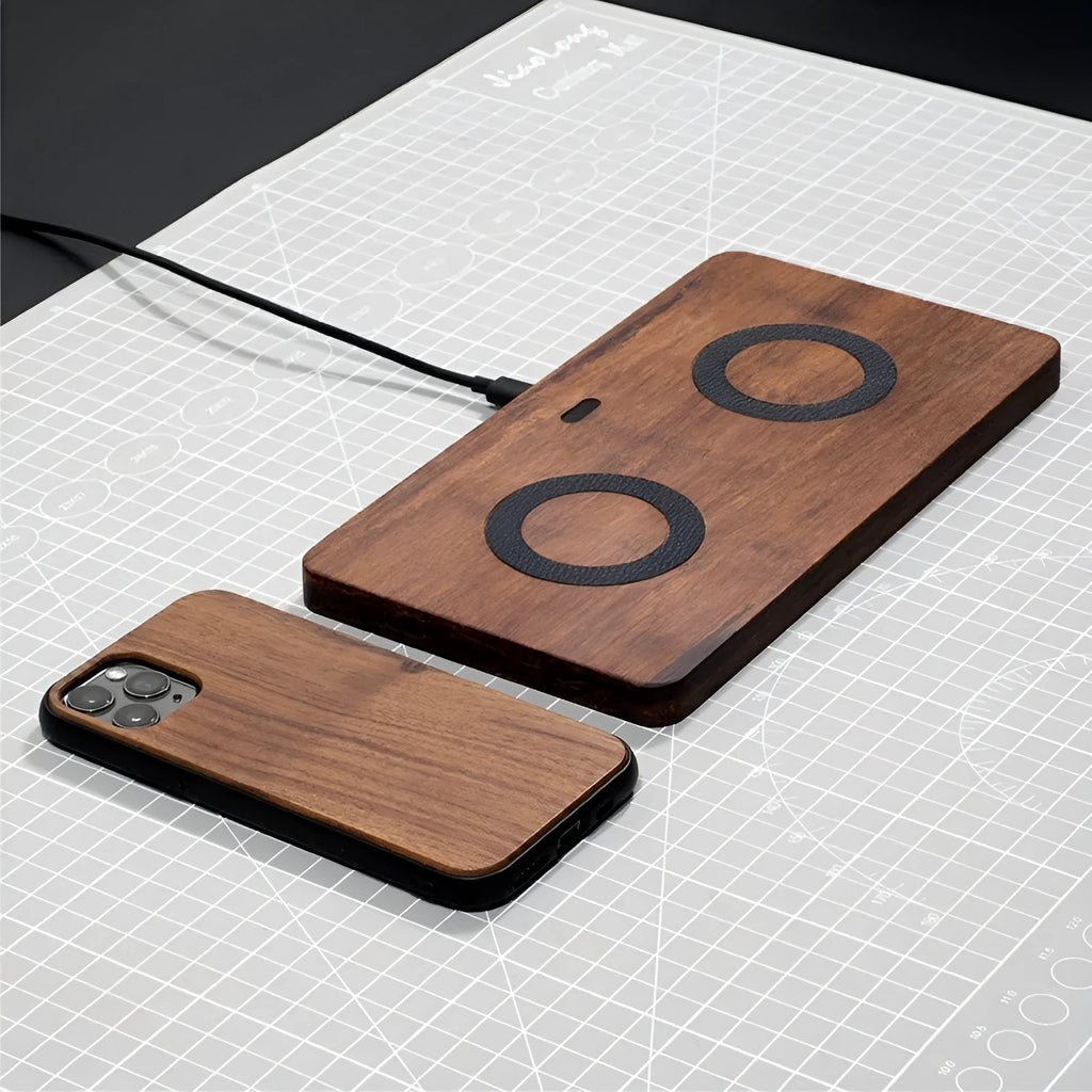 Wooden desktop horizontal wireless phone charger in heavy bamboo or black walnut solid wood with 7.5W 10W output