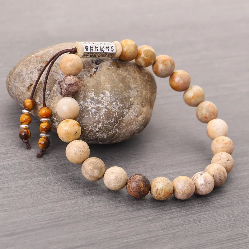 Handmade stone bead bracelet with wood colour finish in European American retro style
