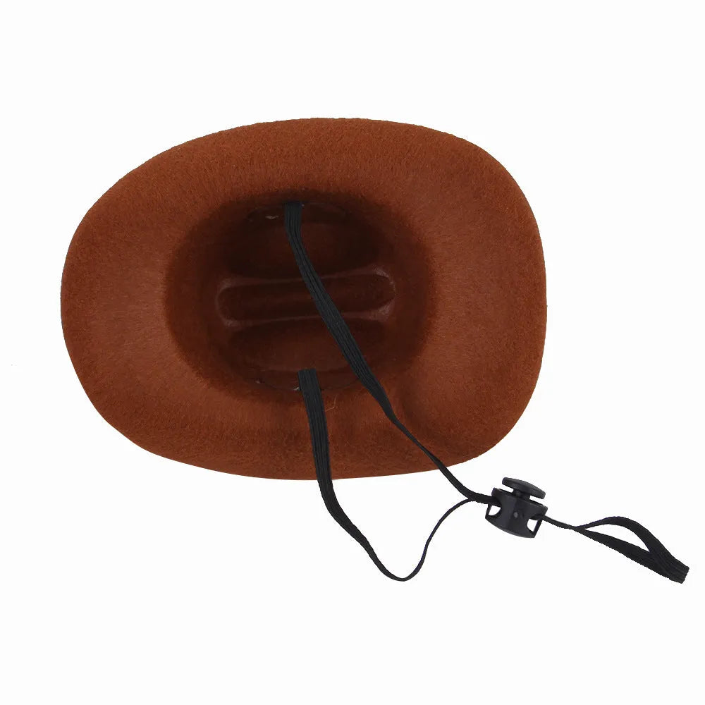 A brown adjustable cowboy hat for a small dog or cat on a white background.