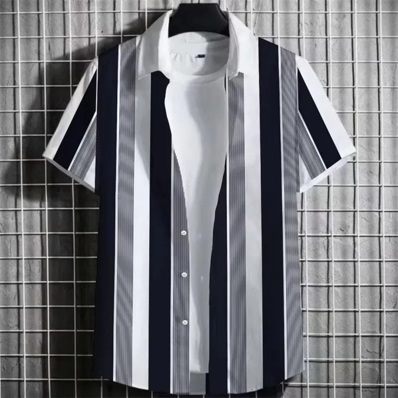 Men's linen blend short sleeve t-shirt with a colourful 3D striped print, shown in a solid colour.