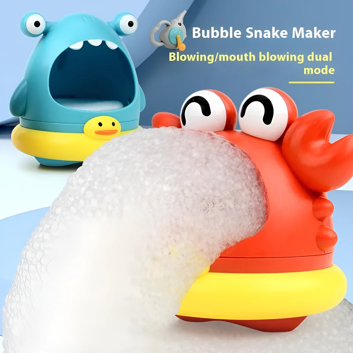 Plastic bubble blowing machine with shark design on a bathroom floor