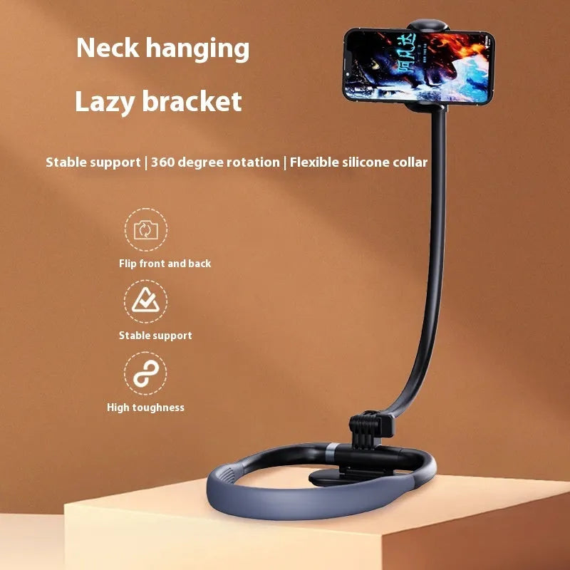Black plastic hanging neck multifunctional desktop phone holder on desk with phone in place