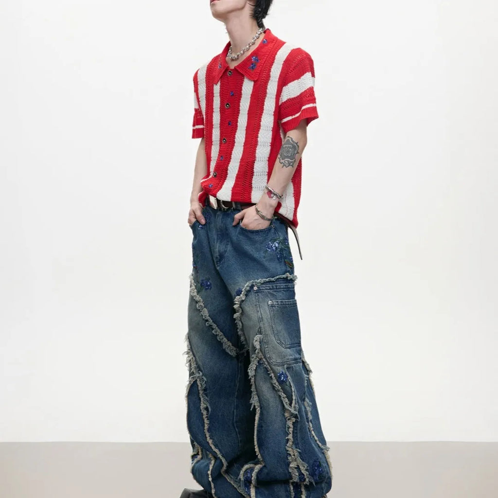 Men's retro striped knit shirt in loose fit with short sleeves and button decoration