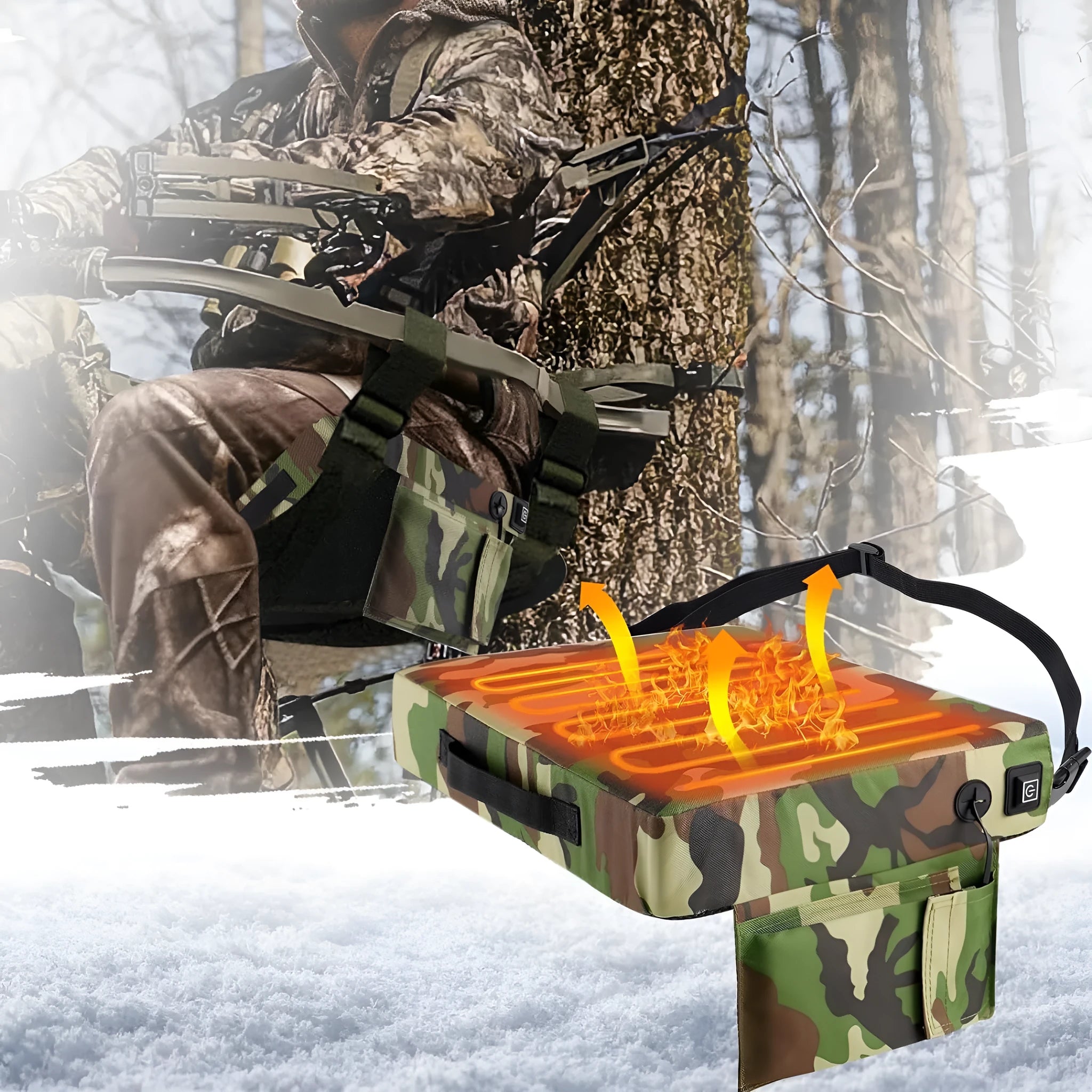 Camouflage heating cushion made of Oxford cloth, size 40x32x7cm, for outdoor stadium use on bleacher seats