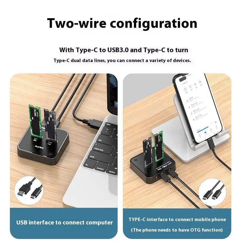 MAIWO K3016 M.2 SSD docking station and hard drive duplicator unit with cables.