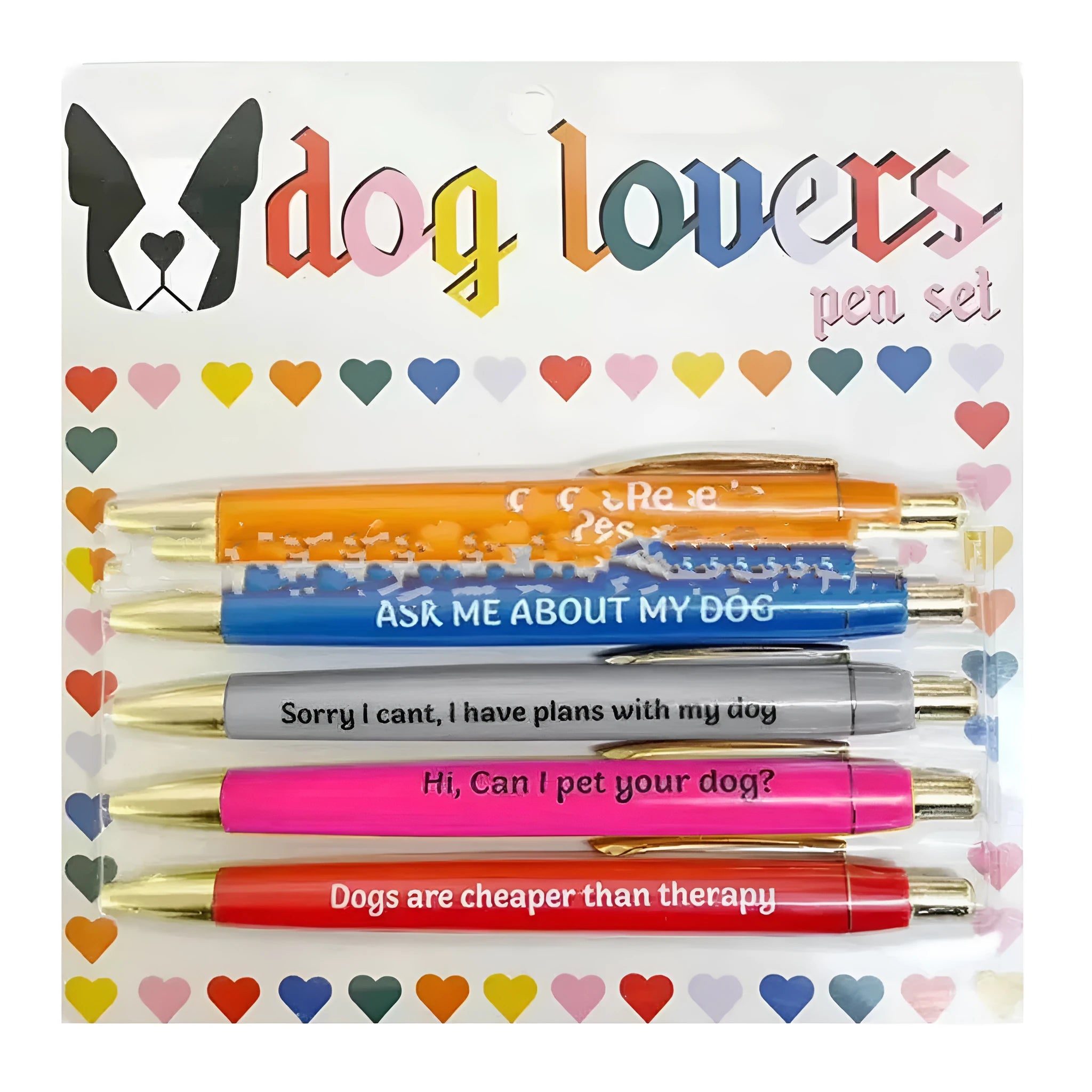 Set of 10 automatic push-action pen markers with cat and dog designs in beaded bag packaging