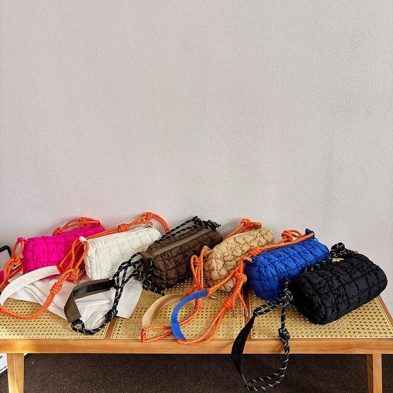 Women's lightweight nylon messenger bag in pillow shape with rhombus pattern and crossbody strap