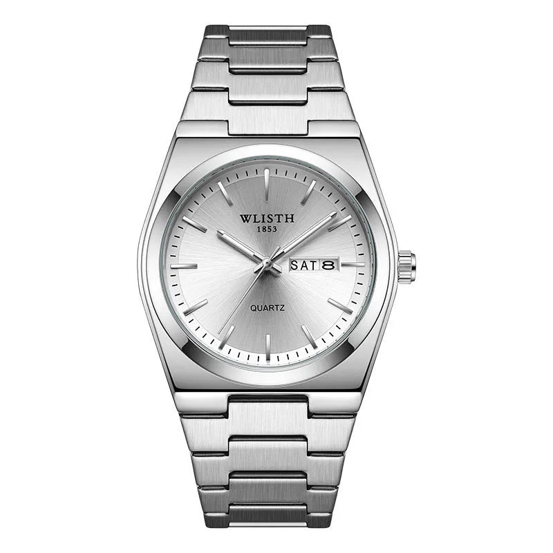 Ultra-thin 10mm men's quartz watch with luminous waterproof design, shown in full gold, black, green, white, blue shell, and silver stripe options.