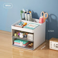Transparent partitioned desktop storage box in cherry blossom pink with grid compartments and dustproof lid