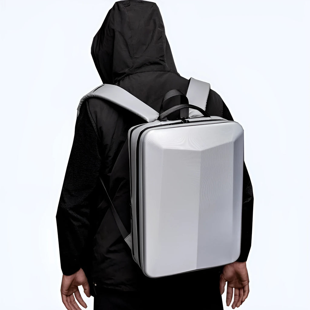 Men's black and silver white business backpack in ABS PC and Oxford cloth with curved shoulder straps
