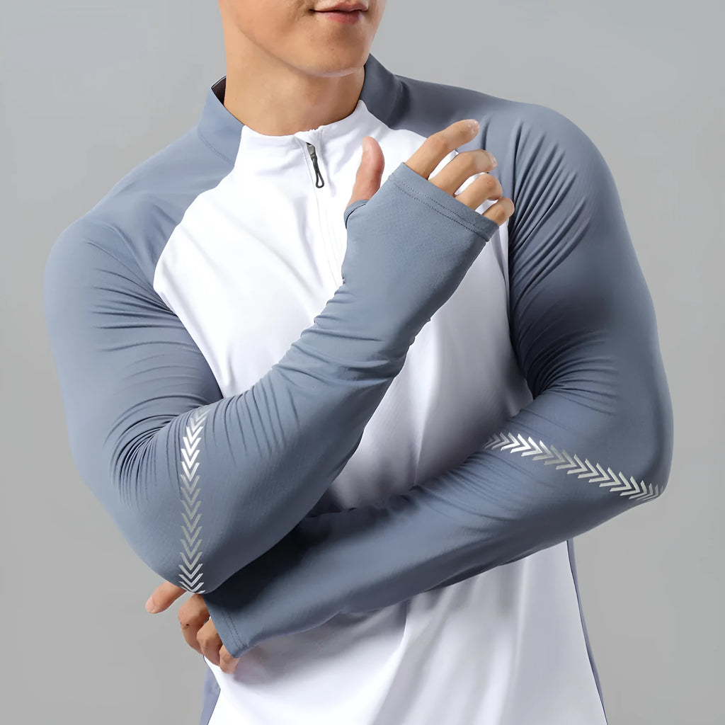 Men's stand collar half zip long sleeve training top in solid colour polyester, front view