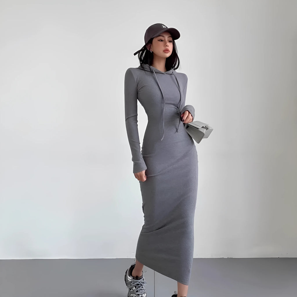 Women's grey hooded long sleeve sheath dress with high waist and over the knee length.