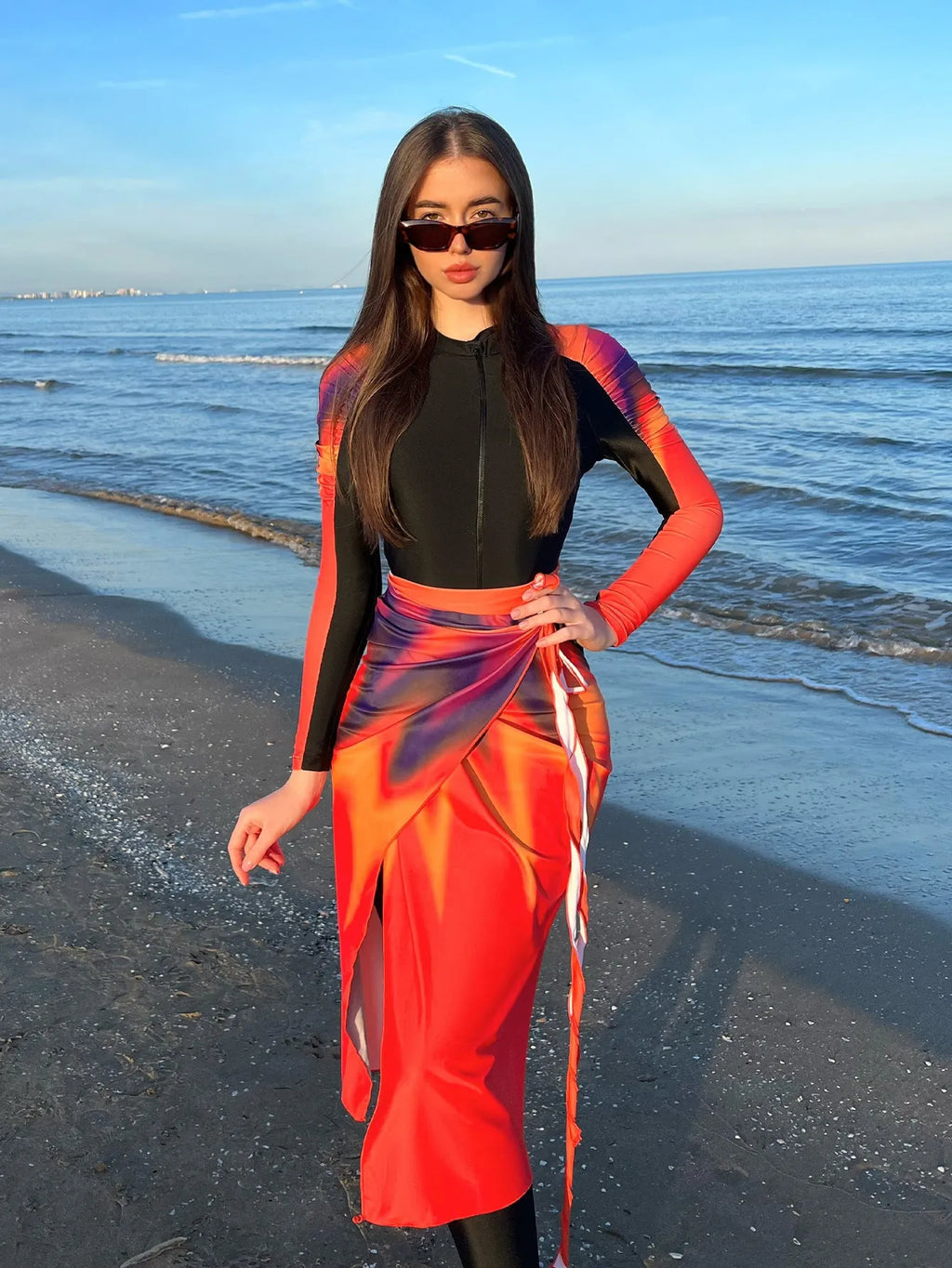 Sun Protection Beach Swimsuit Three-piece Set for Women in Conservative Style Polyester Colour 427