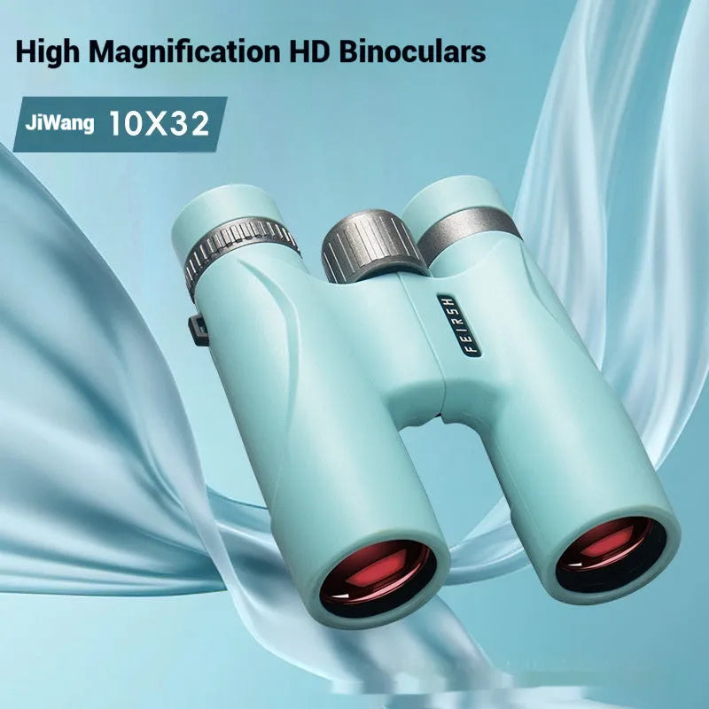 Blue 10x32 binoculars with wine red film lenses showing compact plastic housing