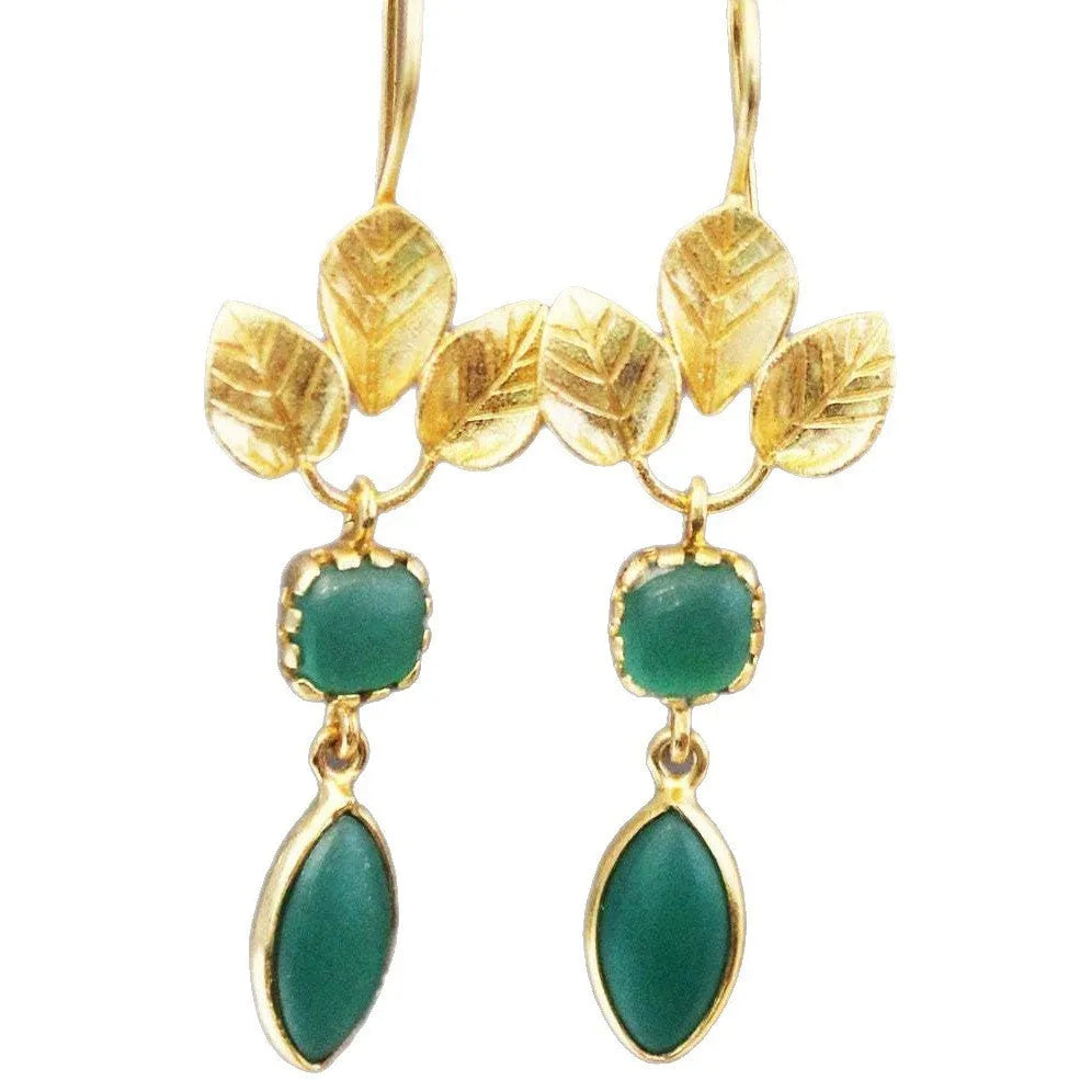 Gold tone retro drop earrings with a French leaves tassel design and a central water drop zircon stone.