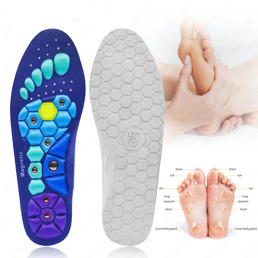 Black magnetic EVA insoles with gel massage nodes on a neutral background