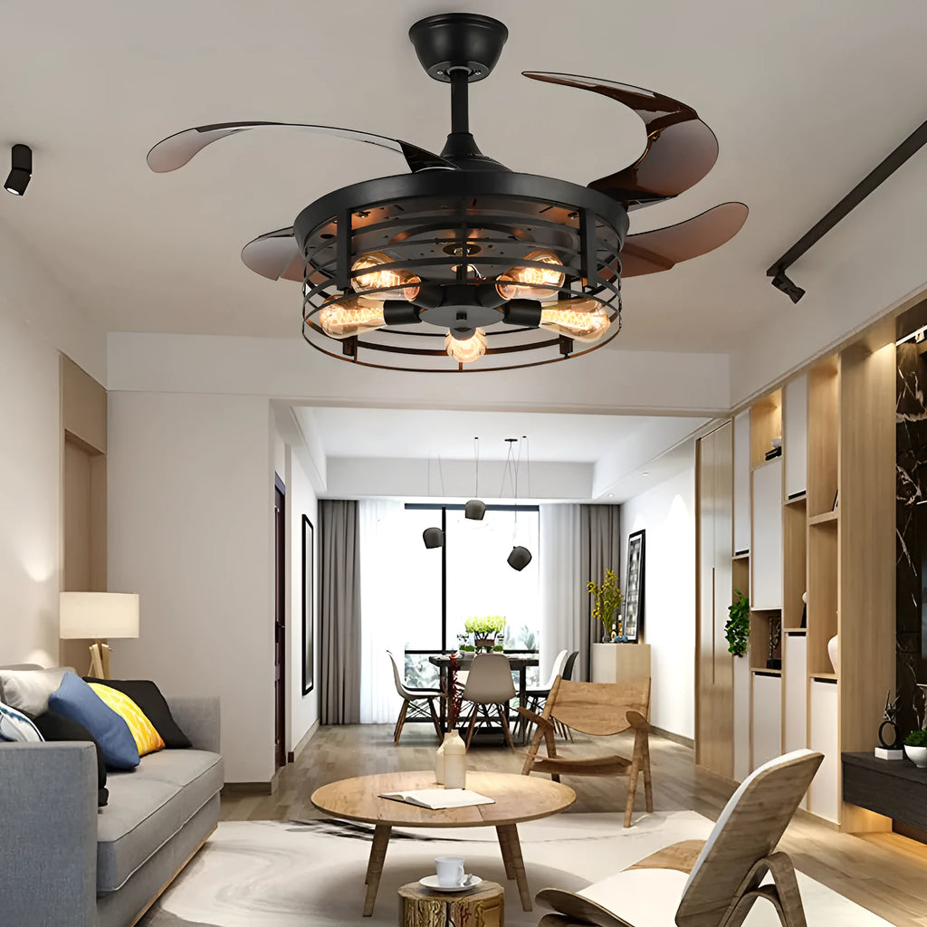 42-inch American retro style ceiling fan light with acrylic blades and shade, remote control included.