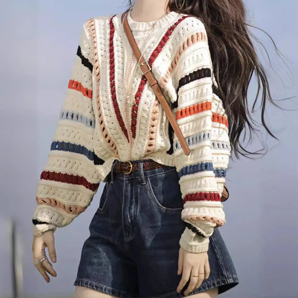 Retro rainbow striped cashmere blend sweater with batwing sleeves and round neck