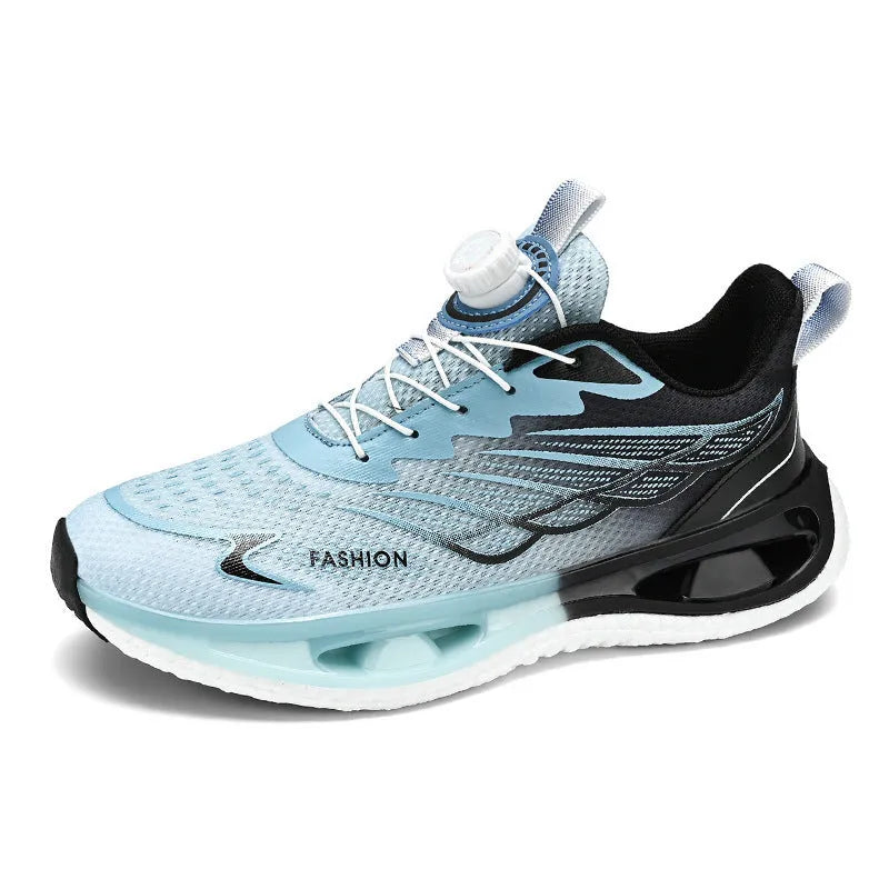 Youth low-top casual sneaker with rotating button detail on sole, shown in light blue mesh.