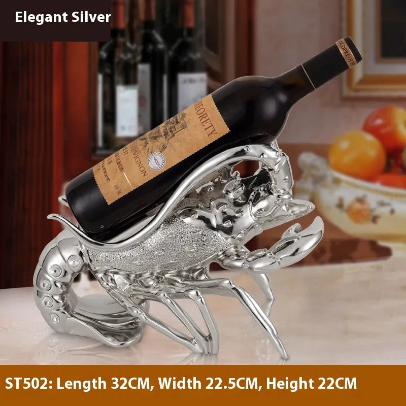 Lobster-shaped wine rack ornament in rose gold or silver holding a wine bottle