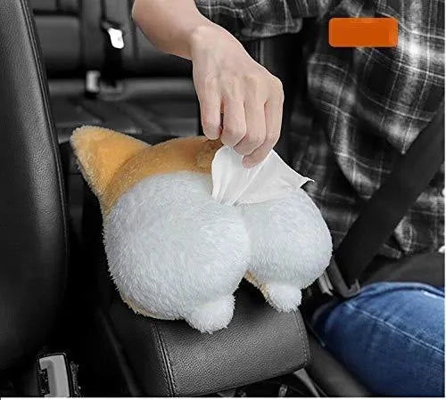 Yellow corgi butt shaped tissue box cover with elastic strap for car sun visor
