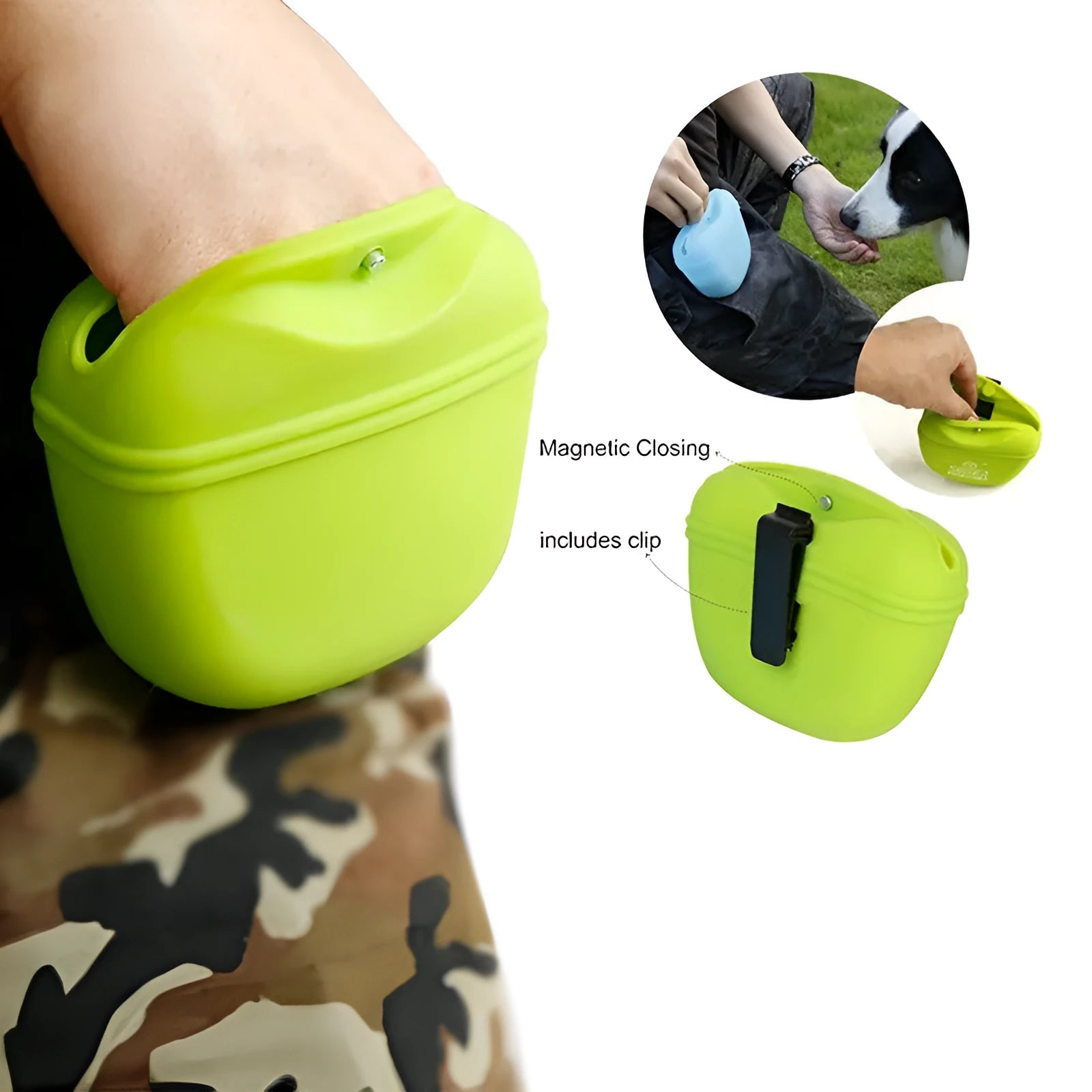 A silicone pet treat waist bag with a clip and magnetic flap closure in various colours.