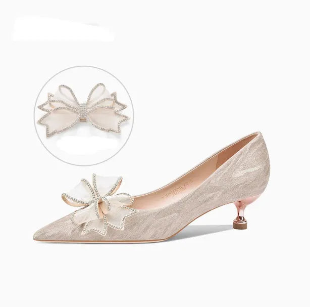 Champagne crystal sequin pointed stiletto heels with low-cut vamp for wedding banquets