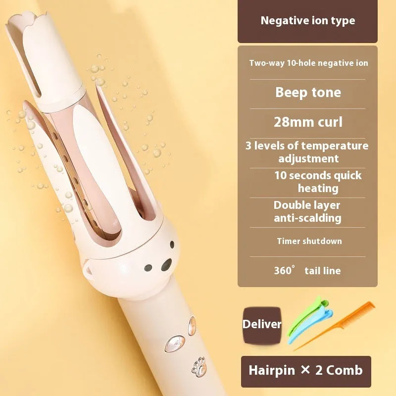 Beige automatic hair curler with anion negative ion technology and hair stick accessory