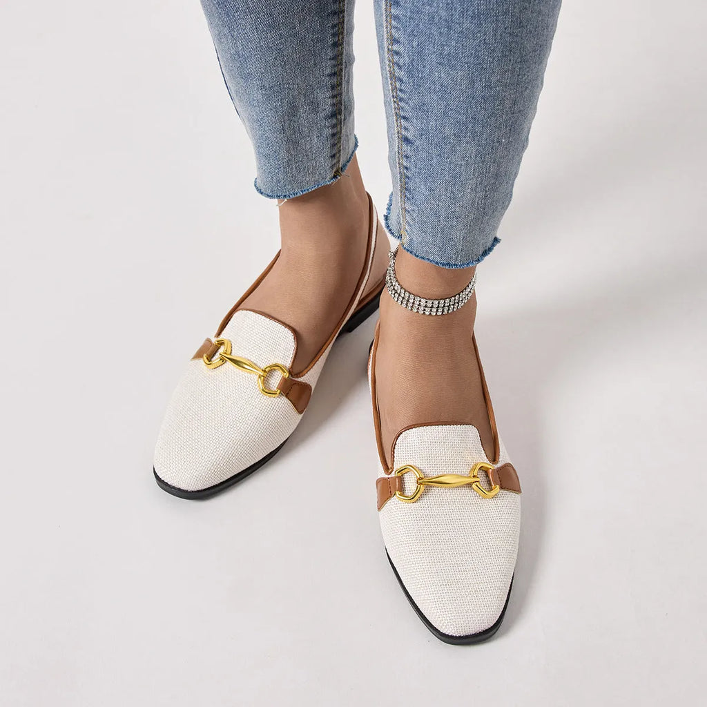Women's closed toe half slippers with chunky low heel in black linen and imitation leather lining