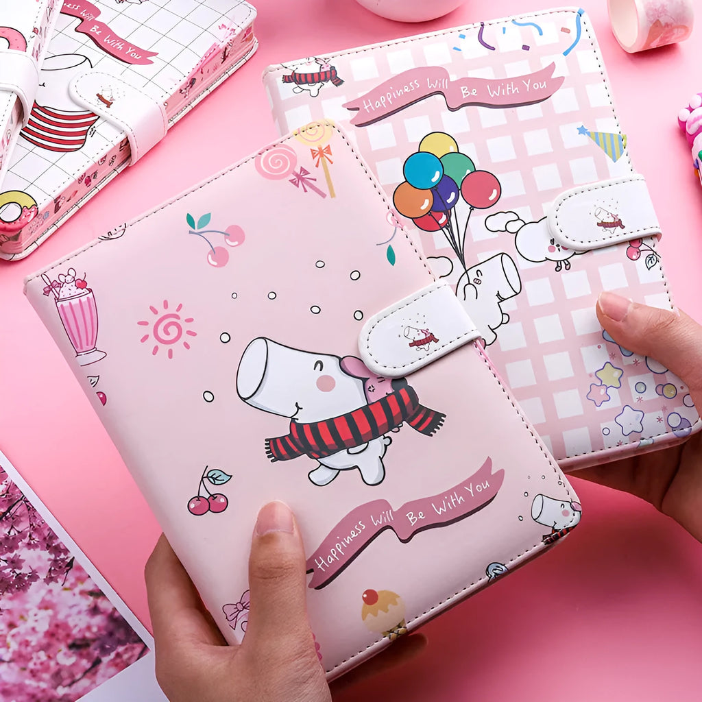 Kaba Bear Hippo small white notebook with magnetic buckle, showing heart design and compact 135mm x 185mm size