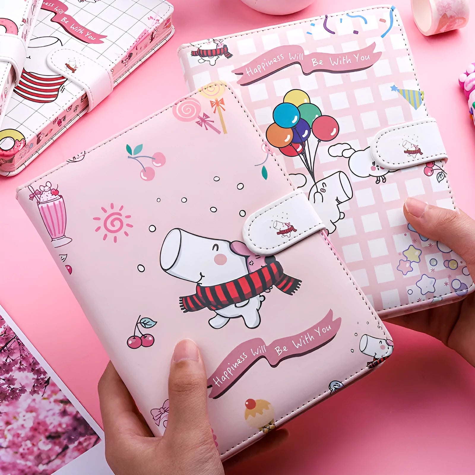Kaba Bear Hippo small white notebook with magnetic buckle, showing heart design and compact 135mm x 185mm size