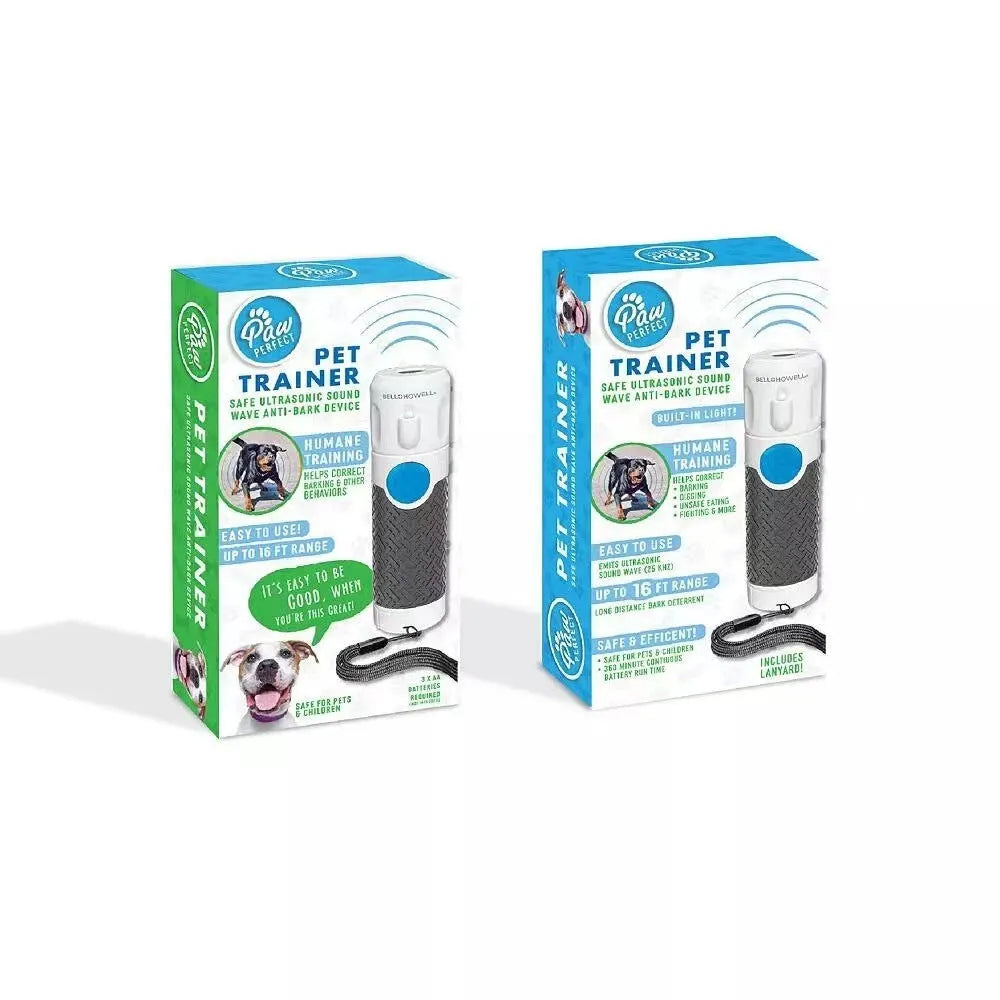 White handheld ultrasonic dog bark control trainer device on a plain background.