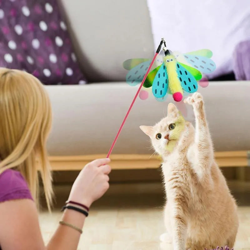 Blue cat wand toy with dragonfly attachment and bell on 49cm stick