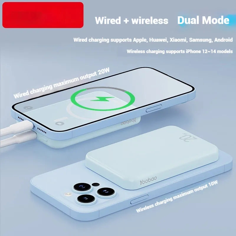 Portable 10000mAh magnetic wireless charging power bank with Type-C interface in three colour options