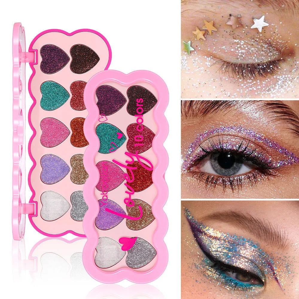 Pearlescent heart-shaped ten-colour sequin eye shadow palette showing shades of pink, blue, purple and brown.