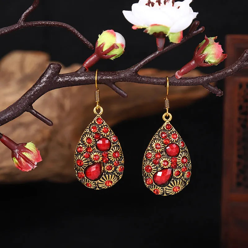 Water drop alloy earrings with diamond accent in retro ethnic style, available in multiple colours including blue and black