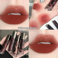 Matte lip mud lipstick in tube showing five colour shades: orange brown coffee, cool grey, cinnamon coffee, jujube red, smoked purple.