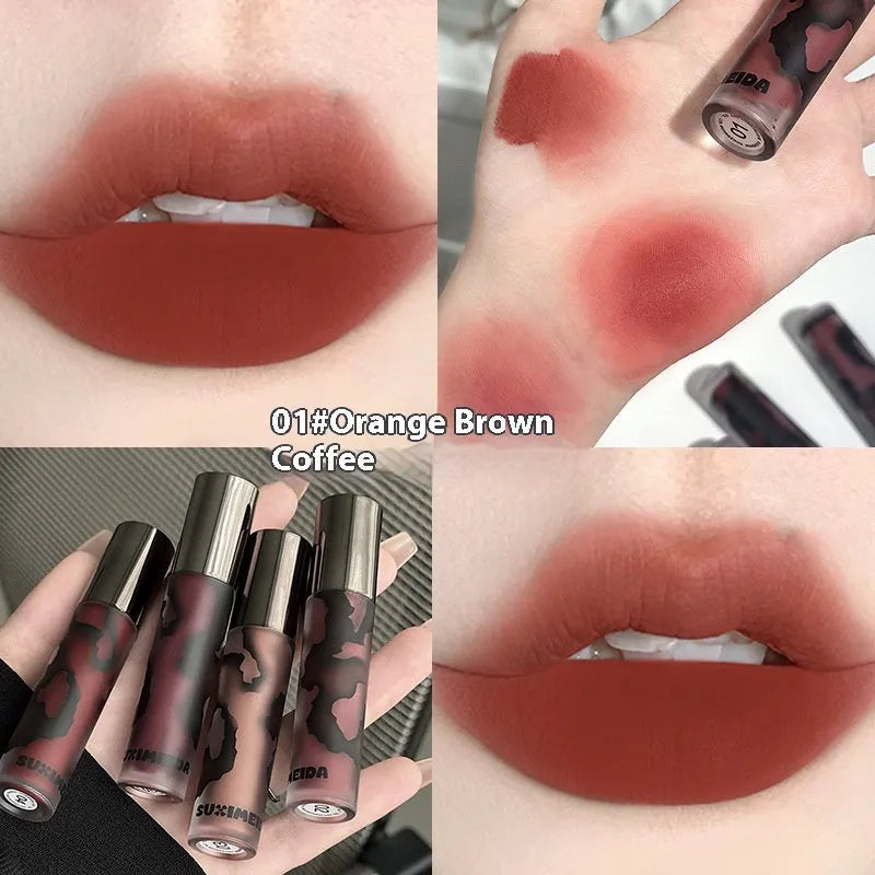 Matte lip mud lipstick in tube showing five colour shades: orange brown coffee, cool grey, cinnamon coffee, jujube red, smoked purple.