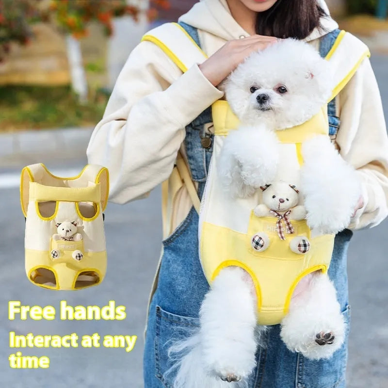Cartoon cute chest bag pet carrier in canvas with colourful stitching patterns and adjustable sizing