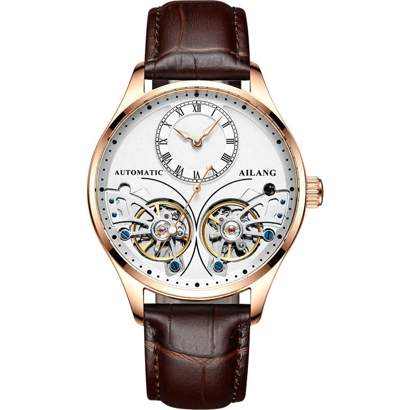 Automatic men's watch with tourbillon and moon phase on a black dial in a titanium case.