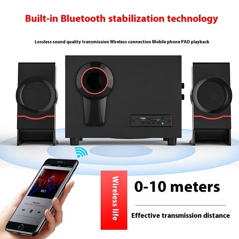 Wooden 21 multimedia speaker with knob controls, USB power, and bass boost