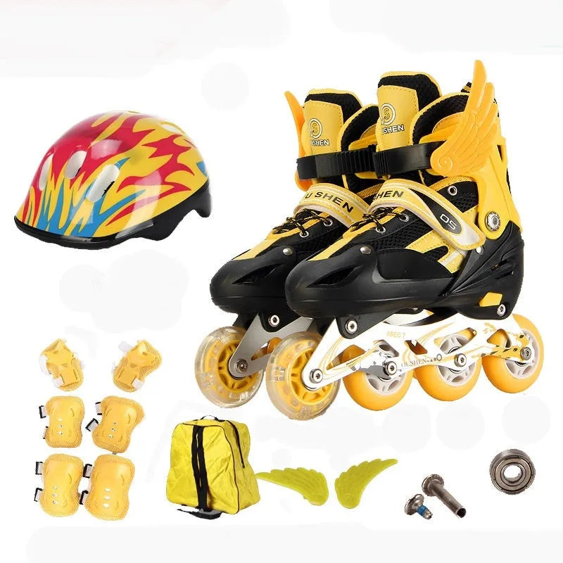 Yellow children's adjustable inline skates with aluminium frame, PU wheels, helmet, and protective gear on a backpack.