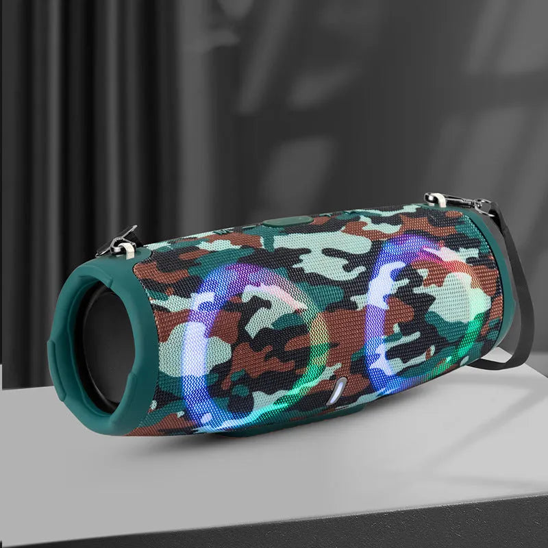 War Drum portable Bluetooth speaker with RGB lights in black, blue, red, silver grey, or camouflage colour