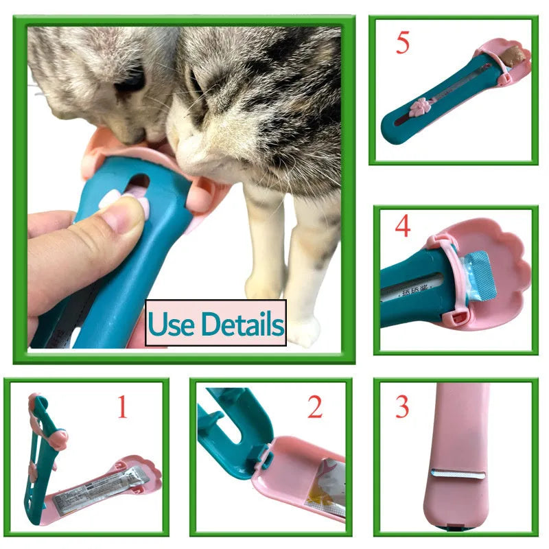 Green and pink pet feed spoon with squeeze mechanism for dispensing liquid food and treats