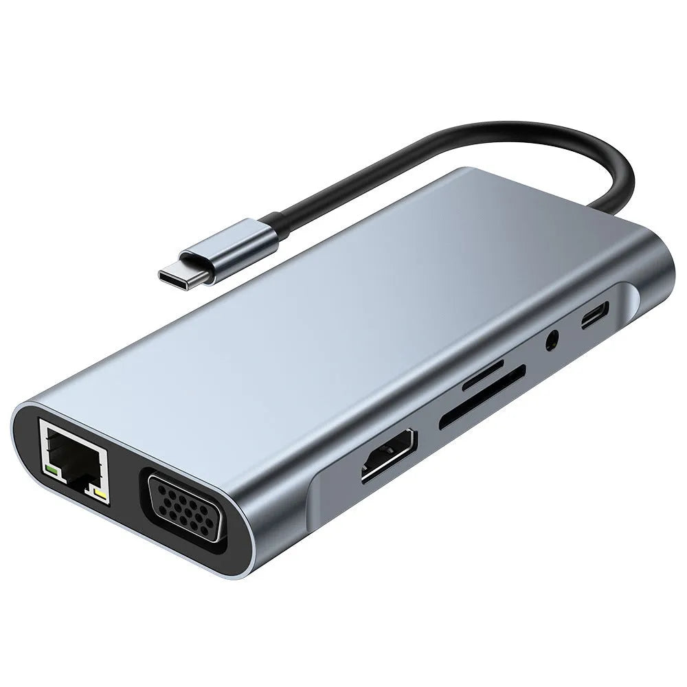 11-in-1 USB-C hub docking station with HDMI, VGA, audio, RJ45, USB 3.0, SD, TF, and PD ports
