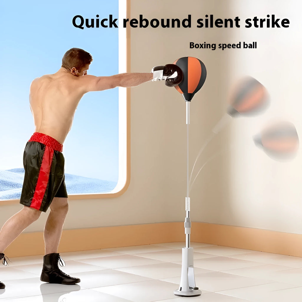 Vertical inflatable speed ball punching target with PU ball, boxing gloves and bandages on a wood floor for home training