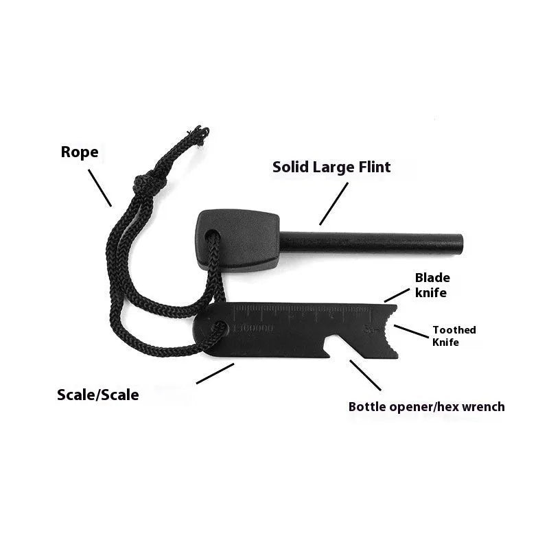 Black multifunctional camping flint with magnesium rod and stainless steel scraper showing graduated scale and bottle opener